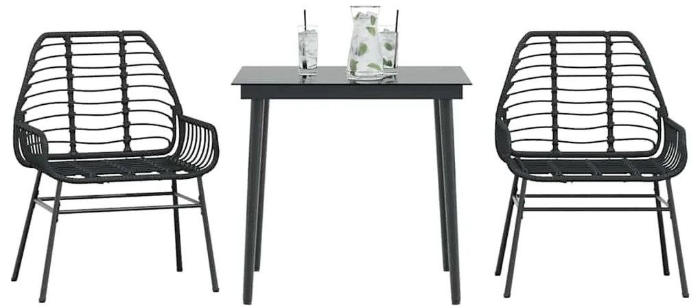 3 pcs conjunto de jantar para jardim vime PE vidro preto