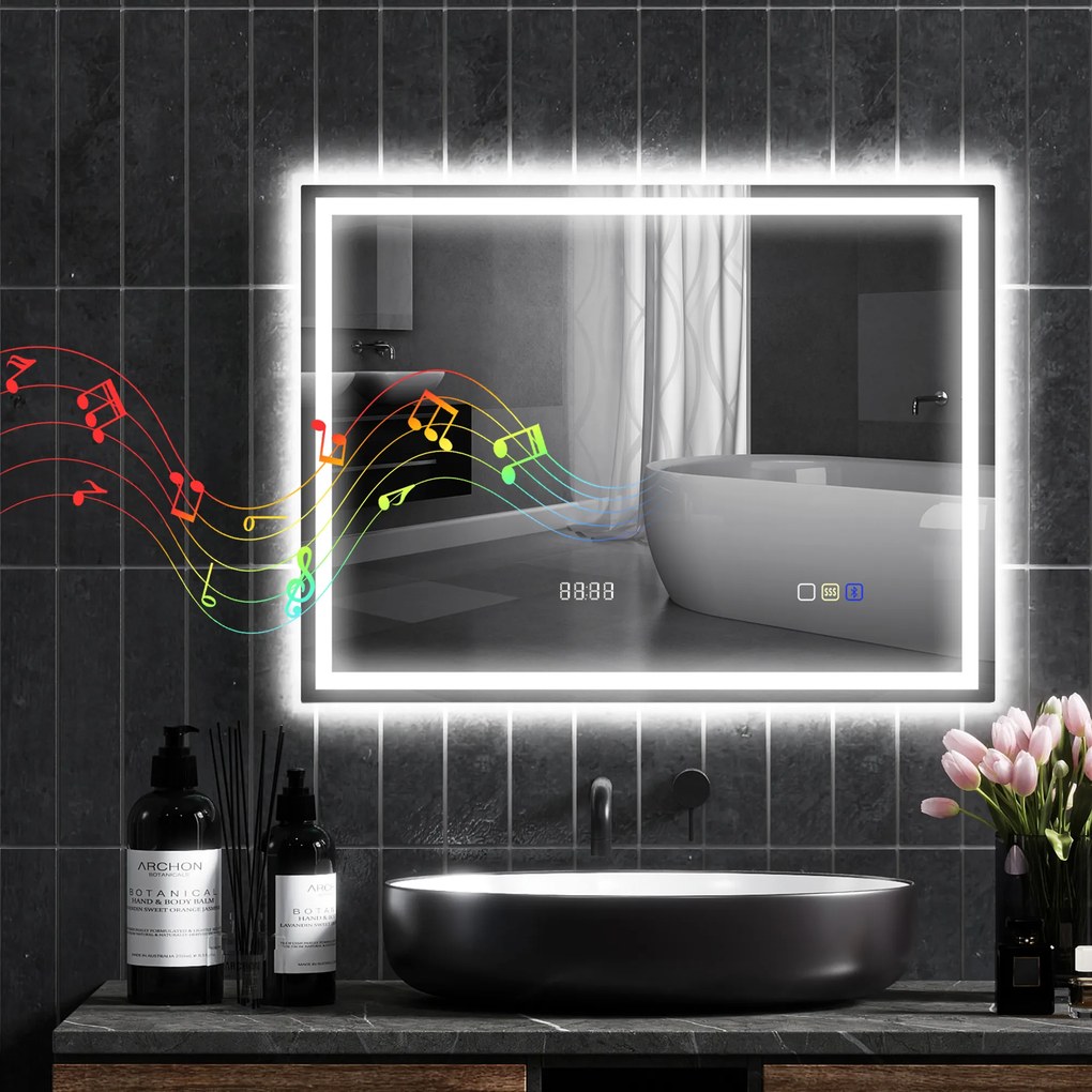 Espelho de casa de banho com LED e Bluetooth, 60 x 80 cm, interruptor tátil, iluminação regulável, 3 cores, antiembaciamento, memória, prateado
