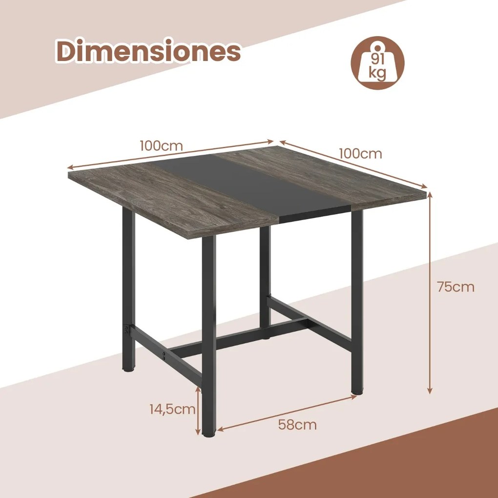 Mesa de reuniões quadrada 100 x 100 x 75 cm com tampo espesso para sala de reuniões para 4 pessoas, cinzenta e preto