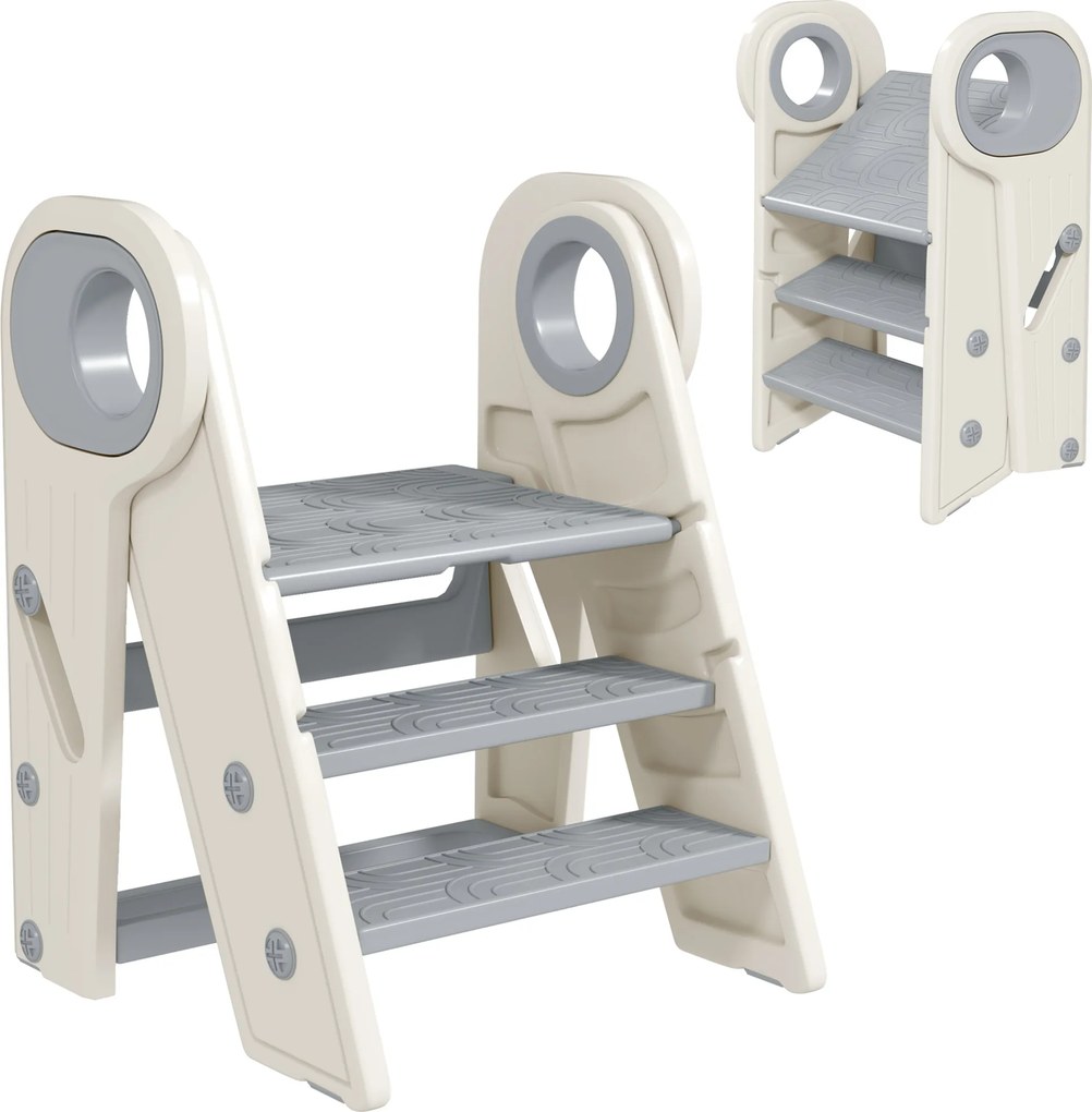Escadote infantil de 3 degraus, escadote de cozinha para crianças, dobrável, altura ajustável de 2 a 3 degraus, cinzento