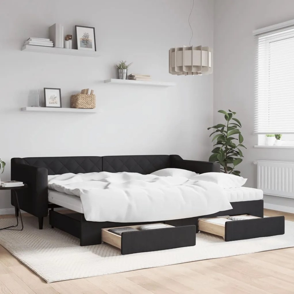 vidaXL Sofá-cama com gavetão e gavetas 90x200 cm tecido preto