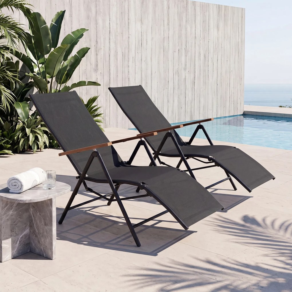 Espreguiçadeira de Jardim Dobrável, 72-138 x 57 x 91-110 cm, Encosto Ajustável em 5 Posições, Preto