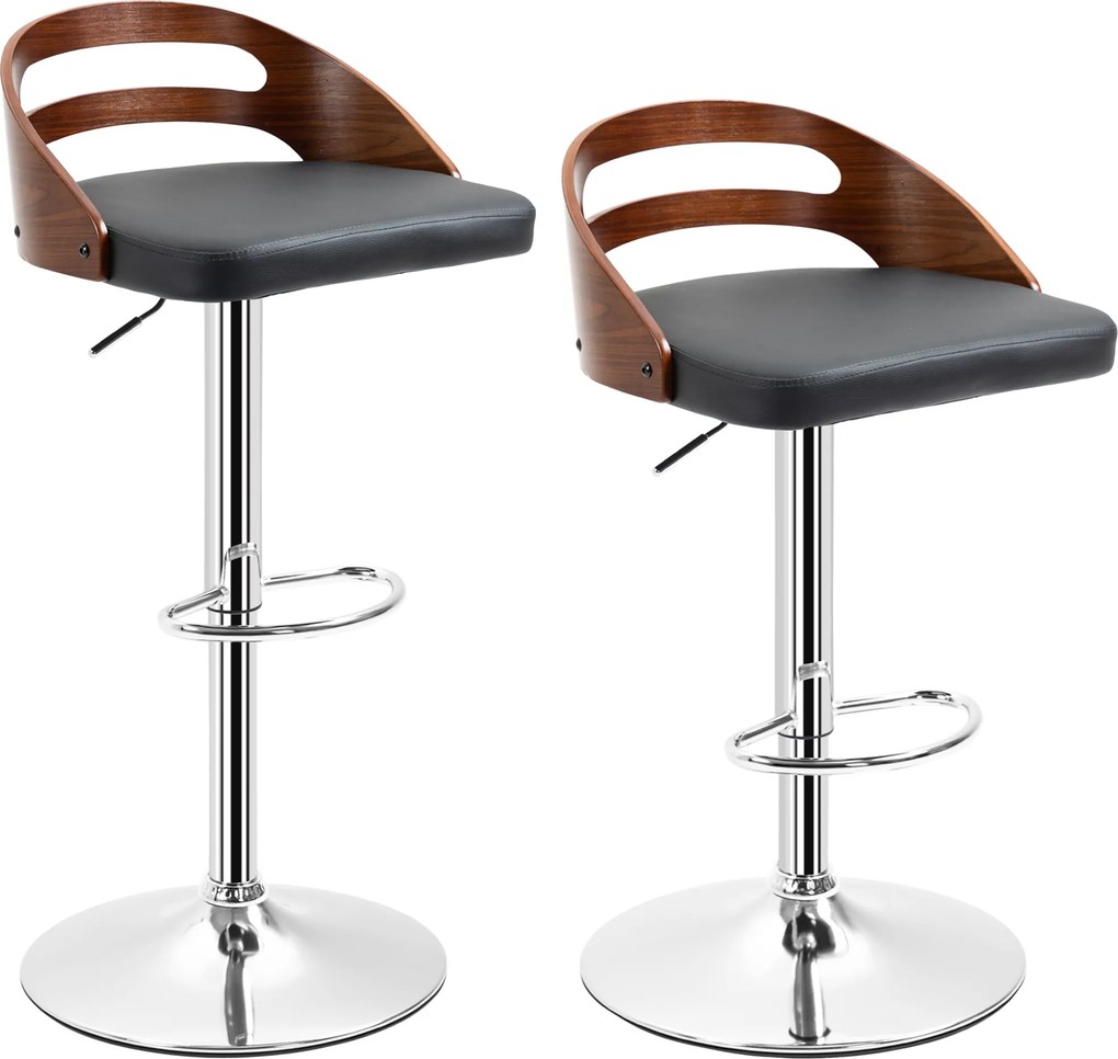 Conjunto de 2 bancos de bar, assento ajustável em altura, giratórios a 360°, revestimento sintético preto, encosto perfurado com efeito de madeira