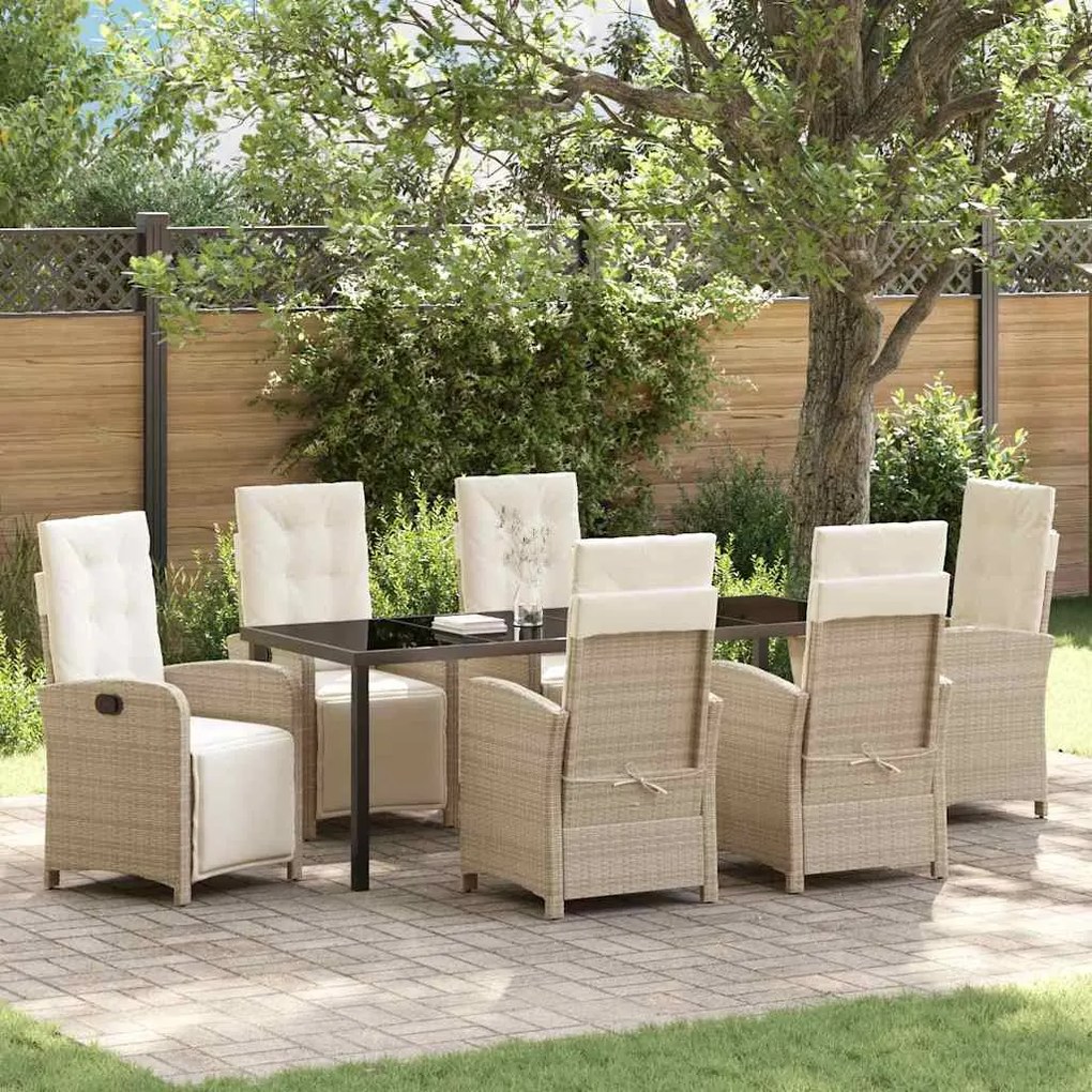 vidaXL Conjunto de Jantar de Jardim com 7 Peças da com Almofadas Bege em Rattan Sintético