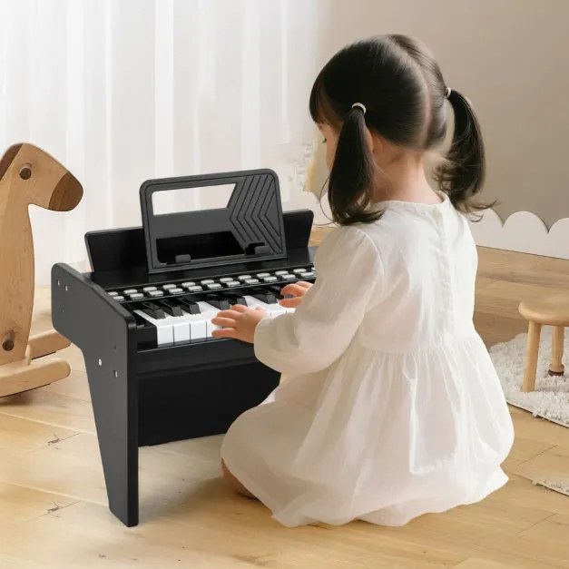 Teclado de piano para crianças 38 x 23 x 27 cm com 25 teclas digital em madeira com velocidade e volume ajustáveis Modo de ensino Preto
