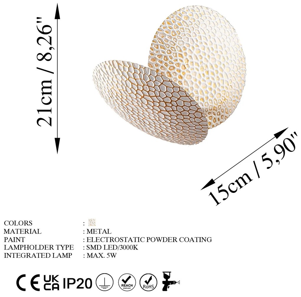 Candeeiro de Parede Yosma - Branco e Dourado - 21cm x 21cm x 15cm