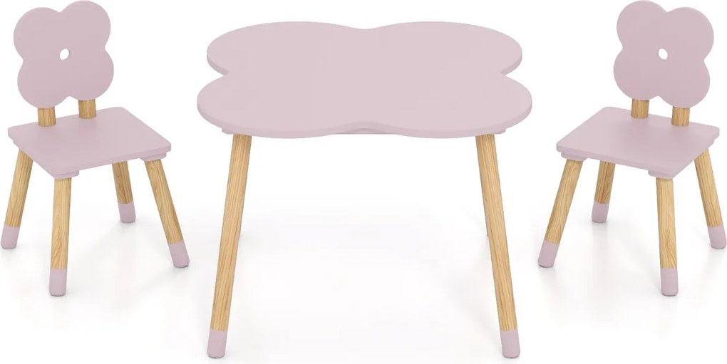 Conjunto de Mesa desenho Flor e Atividades em Madeira e 2 Cadeiras Crianças em Pinho Maciço para Crianças a partir dos 3 Anos, em Rosa e Natural