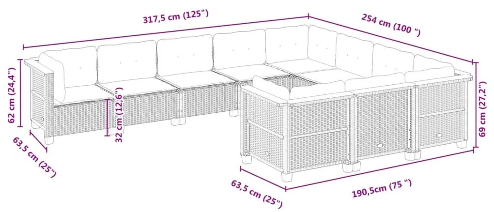 10 pcs conjunto de sofás p/ jardim com almofadões vime PE bege