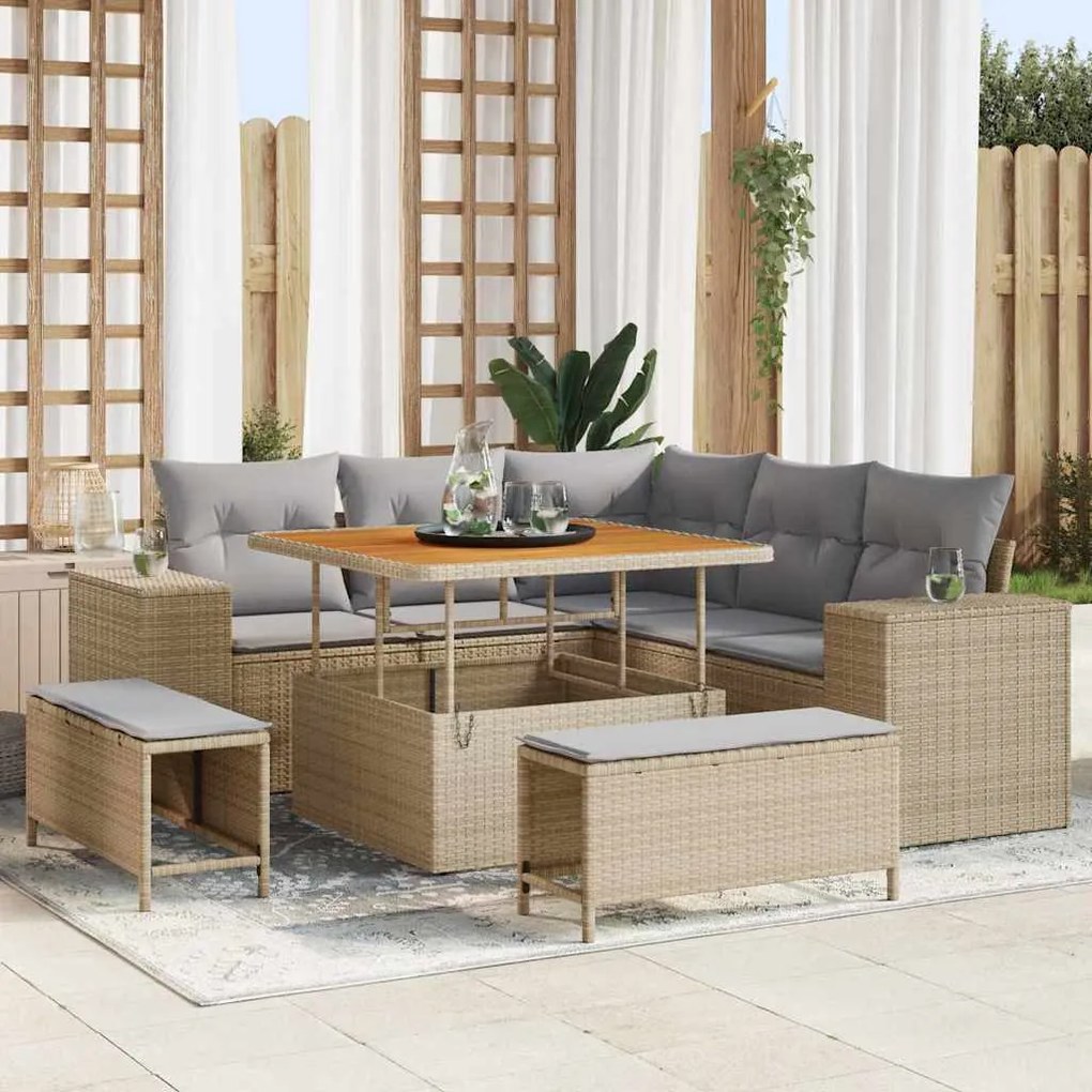 vidaXL Conjunto de Sofás de Jardim com 8 Peças e Almofadas Bege em Rattan de Poliéster e Acácia.