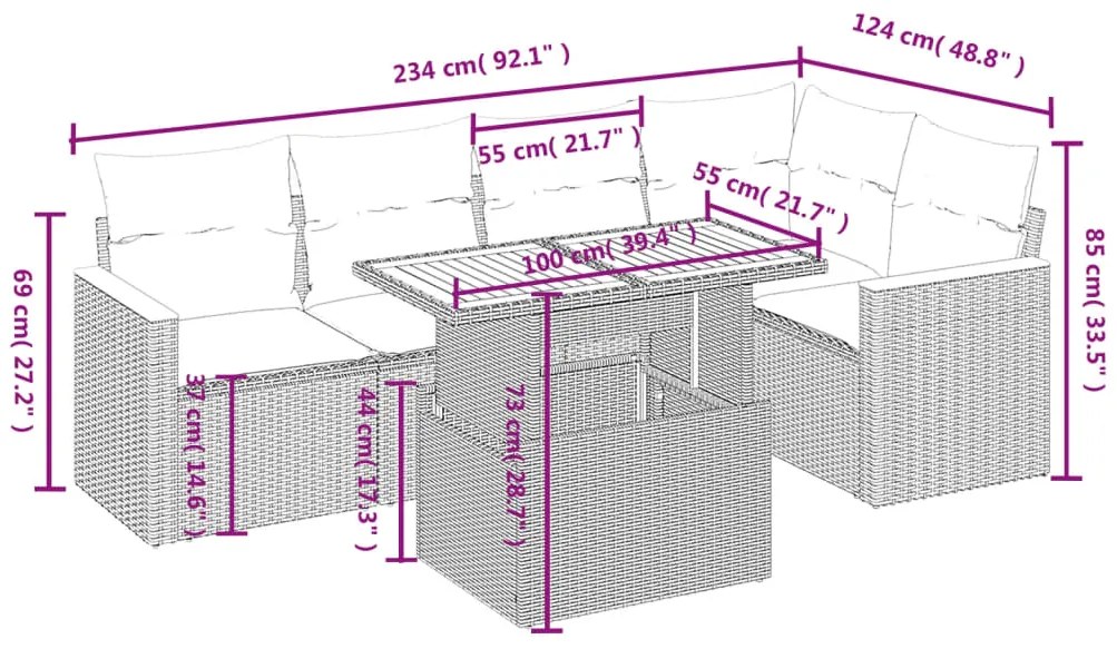 6 pcs conjunto de sofás p/ jardim com almofadões vime PE bege