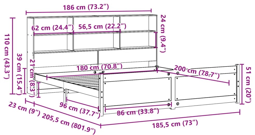 Cama com estante sem colchão 180x200 cm pinho maciço branco