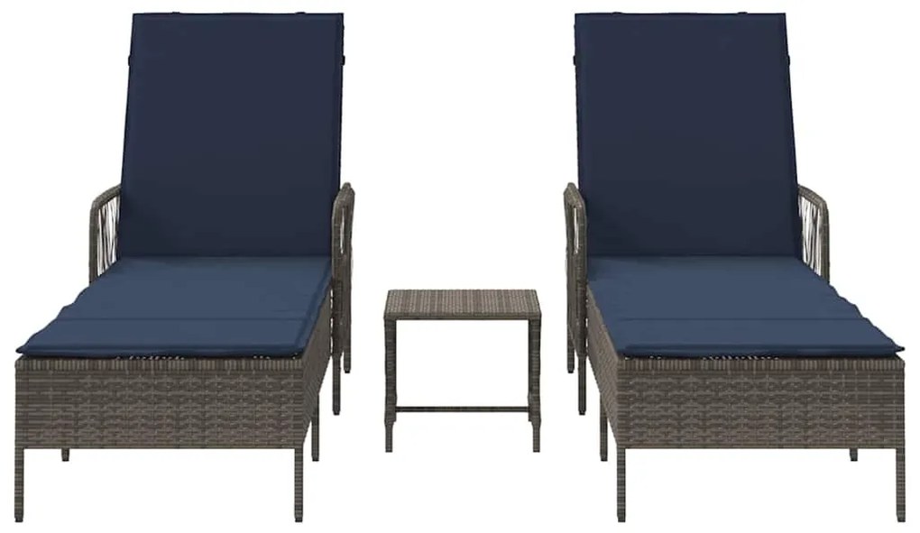 Espreguiçadeira Conjunto de 3 Cinza e azul-marinho Vime PE, metal