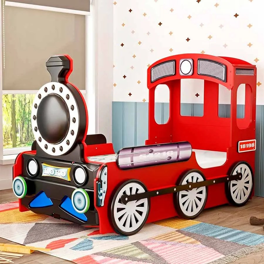 Cama para criança Comboio 205 x 120 x 130 cm, Com Luzes LED, Oferta colchão e estrado, capacidade de 100 kg, Vermelha