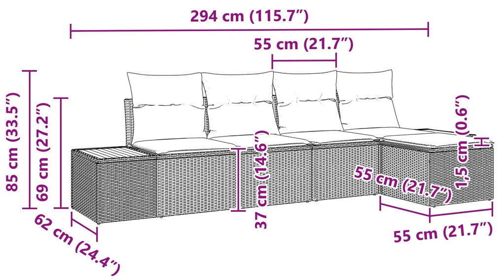 Conjunto de Sofá de Jardim de 5 Peças com Almofadas Preto Rattan Polié