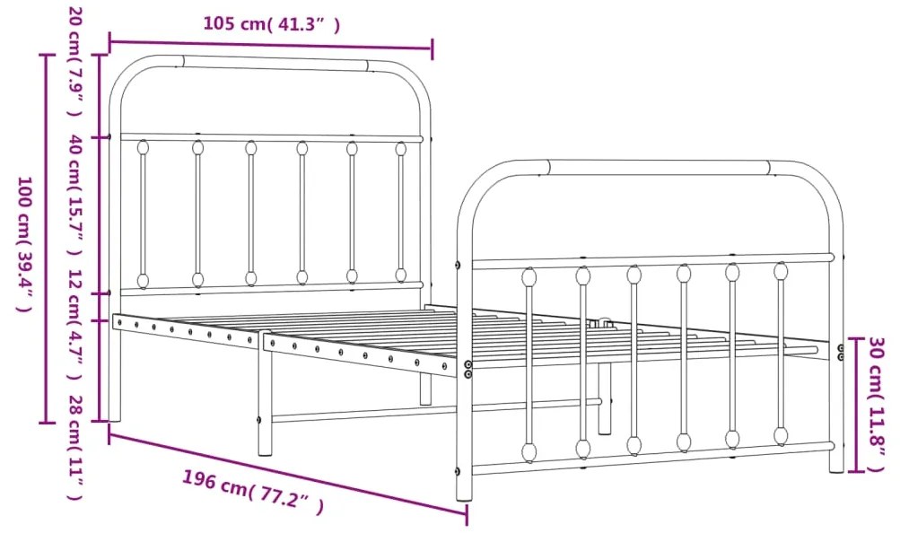 Estrutura de cama com cabeceira e pés 100x190 cm metal branco