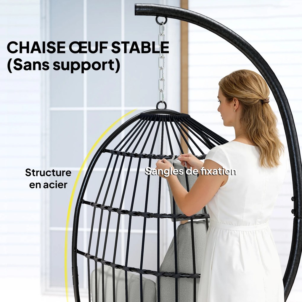 Cadeira suspensa em forma de ovo, cesto dobrável, almofadas estofadas, porta-copos, almofada, cinzento escuro