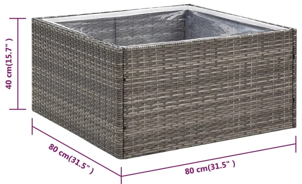 Vaso/floreira de jardim 80x80x40 cm vime PE cinzento