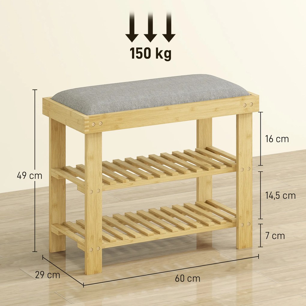 Banco Sapateira de Bambu Sapateira com Assento Almofadado 2 Prateleiras para 6 Pares de Sapatos 60x29x49 cm Madeira e Cinzento