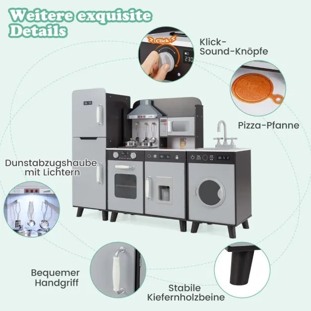 Cozinha infantil 120 x 30 x 90 cm com acessórios 3 em 1 Cozinha de madeira para crianças com frigorífico e máquina de lavar roupa cor Castanho