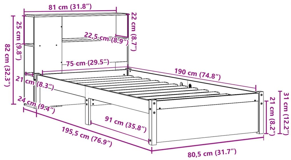 Cama com estante sem colchão 75x190 cm pinho maciço branco