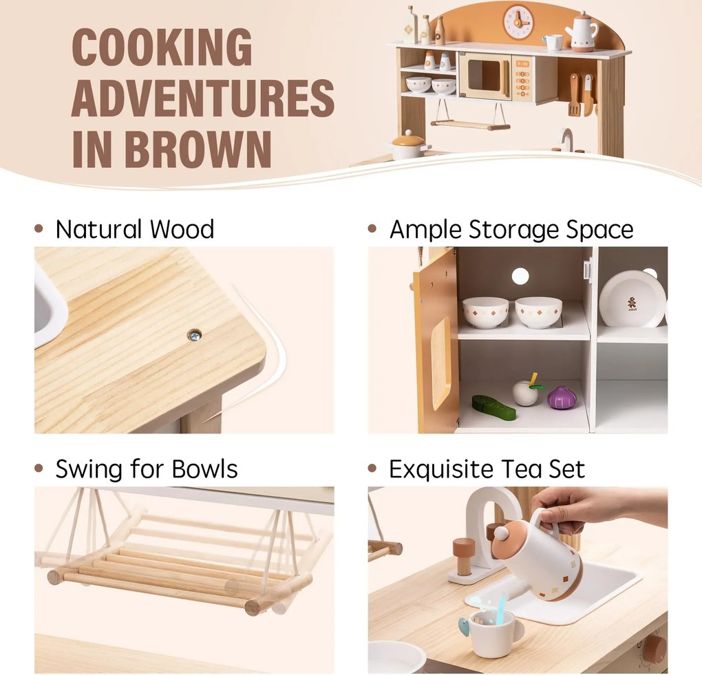 Cozinha de brinquedo de madeira com acessórios 75,4 x 35 x 98 cm Caramelo