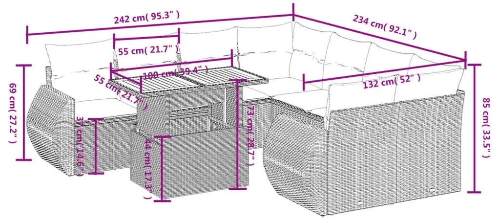 9 pcs conjunto sofás p/ jardim com almofadões vime PE cinzento