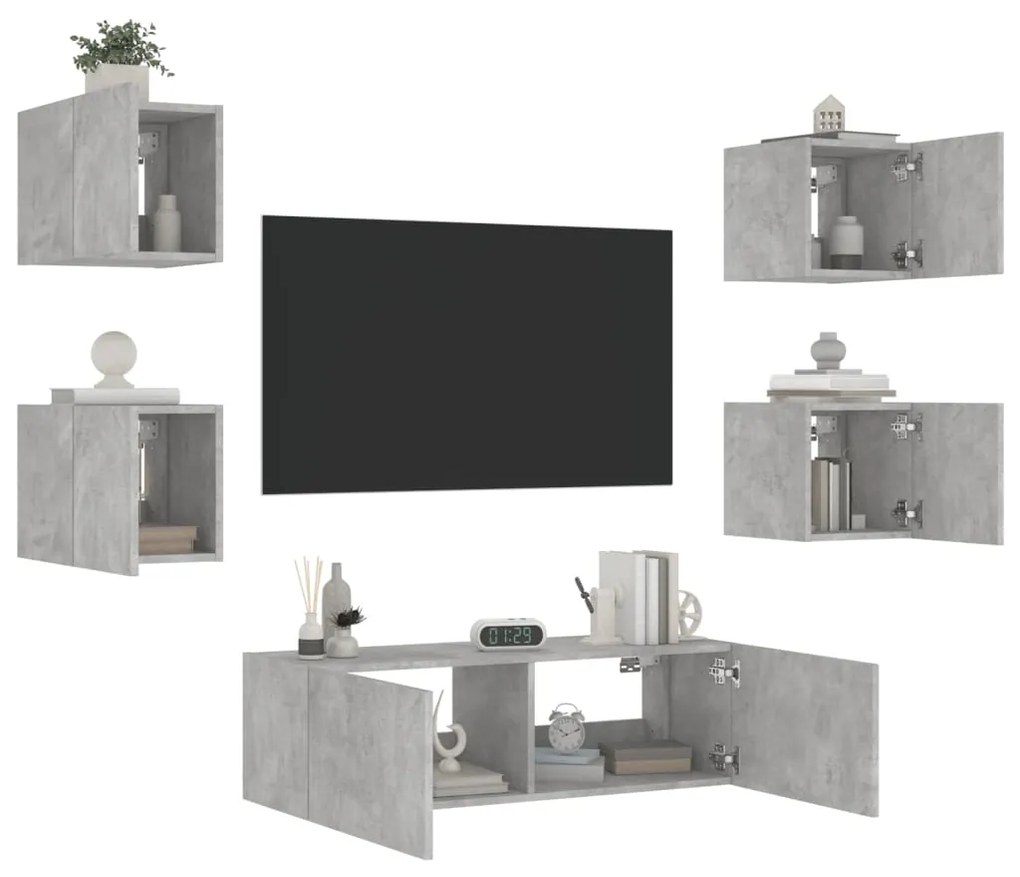 vidaXL 5 pcs móveis de parede para TV com luzes LED cinzento cimento