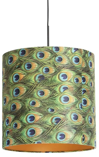 Candeeiro de suspensão com abajur de veludo azul-petróleo com dourado 40 cm - Combi Clássico / Antigo