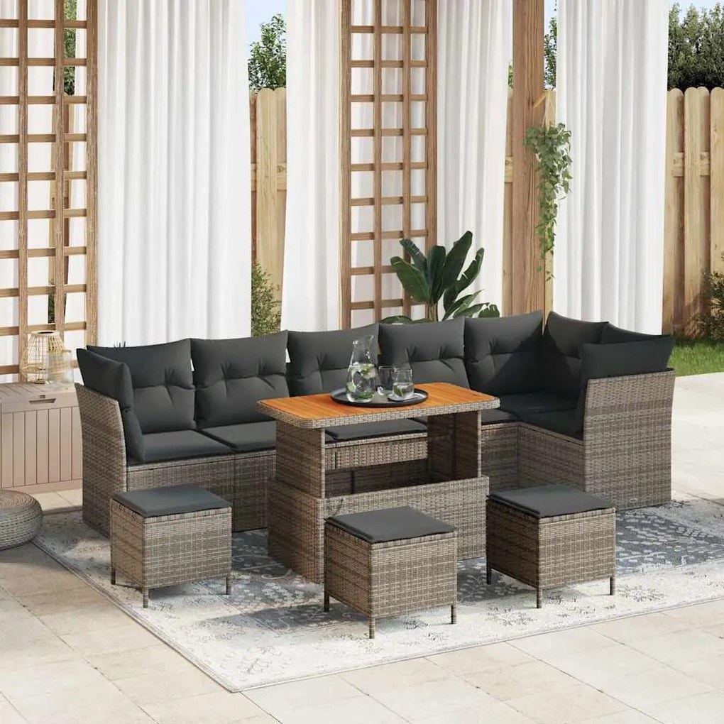 vidaXL Conjunto de Sofá de Jardim com 10 peças e almofadas cinzas em rattan sintético e madeira de acácia.
