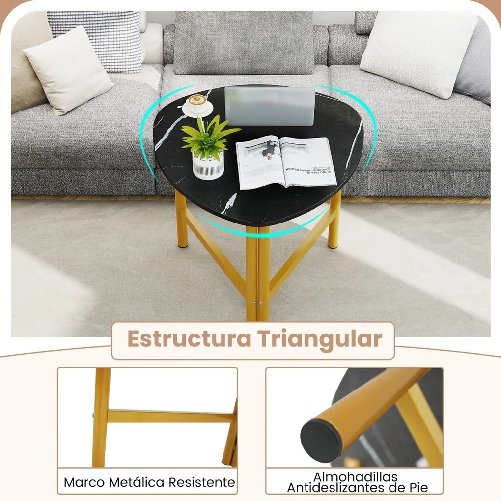 Mesa de apoio triangular com pés de metal e tampo oval em madeira 60 x 59 x 50 cm Preto