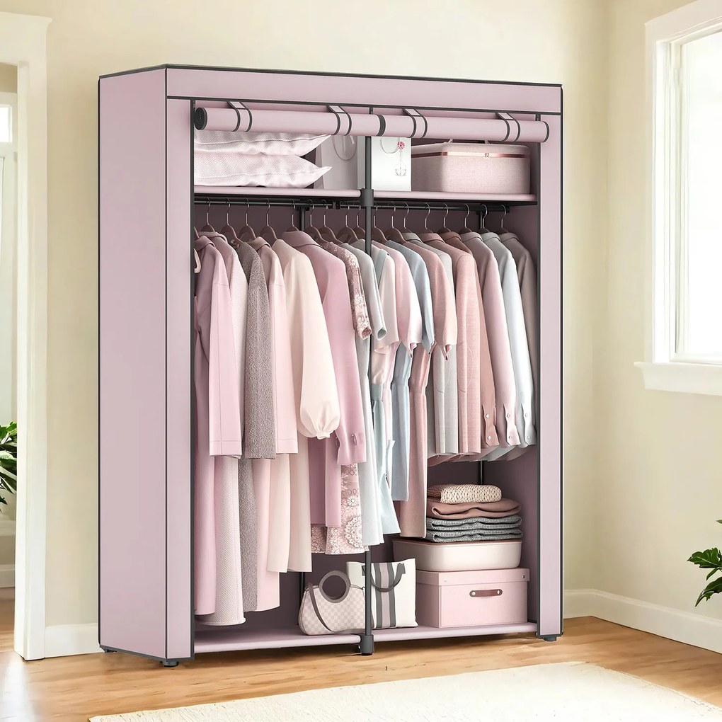 Guarda-roupa em tecido com 2 varões para cabides 140 x 43 x 174 cm lilás lavanda