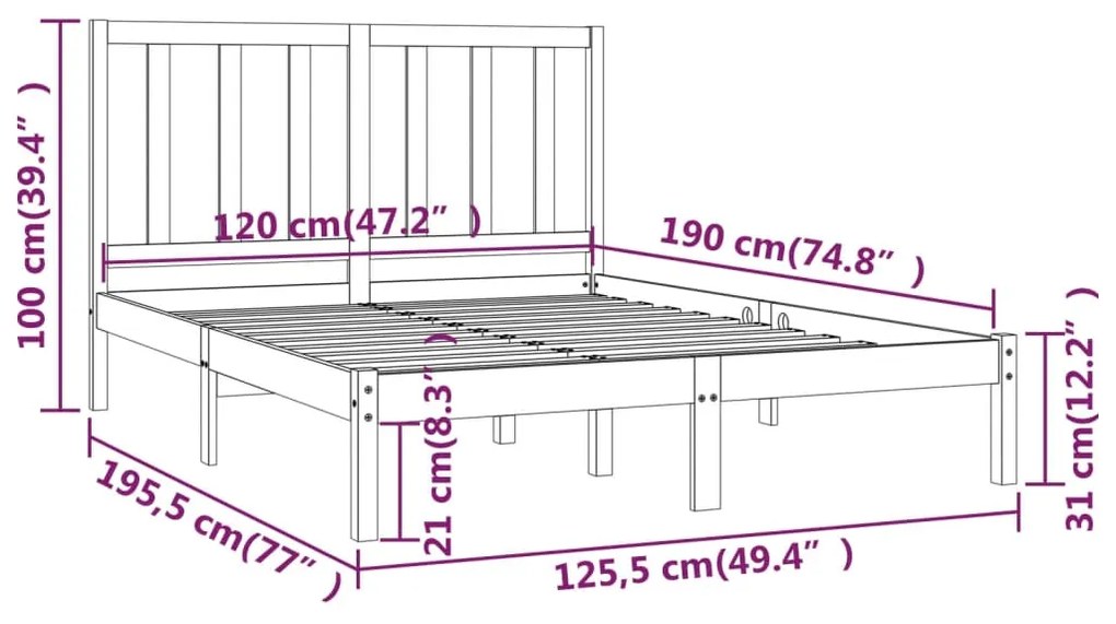 Estrutura cama casal pequena 4FT 120x190 cm pinho maciço preto