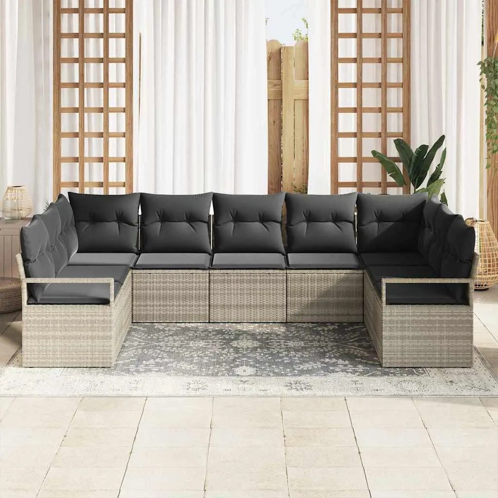 Conjunto de Sofá de Jardim 9 Peças com Almofadas Cinza Claro em Rattan