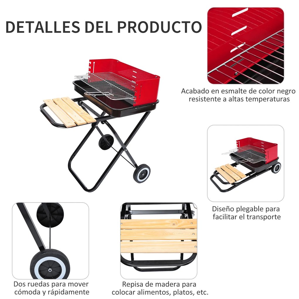Outsunny Churrasqueira a carvão portátil e dobrável com 2 rodas Churrasqueira com Altura Ajustável para Camping Picnic Beach 57x64x83 cm Vermelho e Preto
