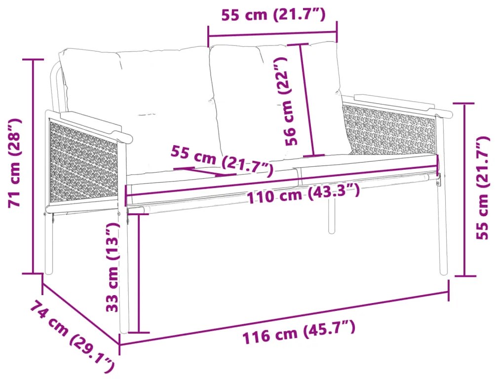 Banco de jardim com almofadões 116 cm aço preto