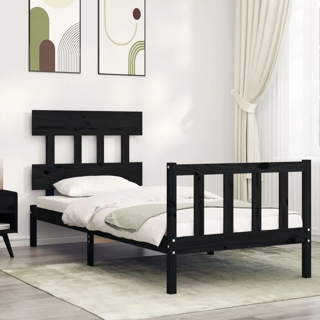 vidaXL Estrutura de cama com cabeceira 100x200 cm madeira maciça preto