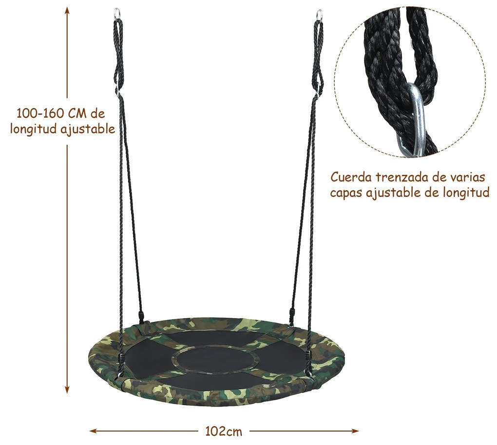 Baloiço Infantil ajustável em altura 100-160 cm com Cordas Multilayer Ideal para Parque Infantil de Jardim de Árvores Verde Camuflado