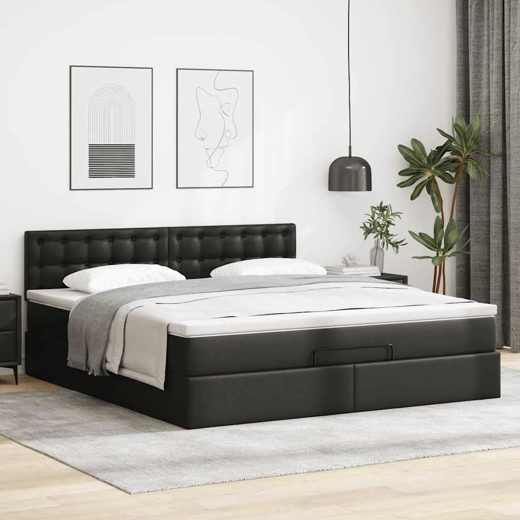 Cama otomana com colchões&amp;LEDs 180x200cm couro artificial preto