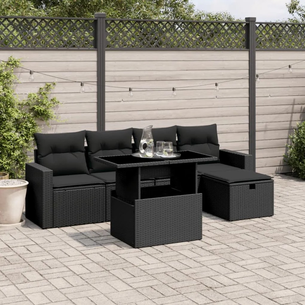6 pcs conjunto sofás de jardim c/ almofadões vime PE preto