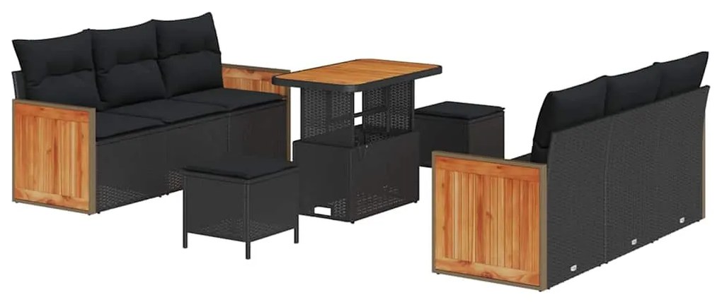 Conjunto de Sofá de Jardim VidaXL de 9 Peças com Almofadas Preto Polir