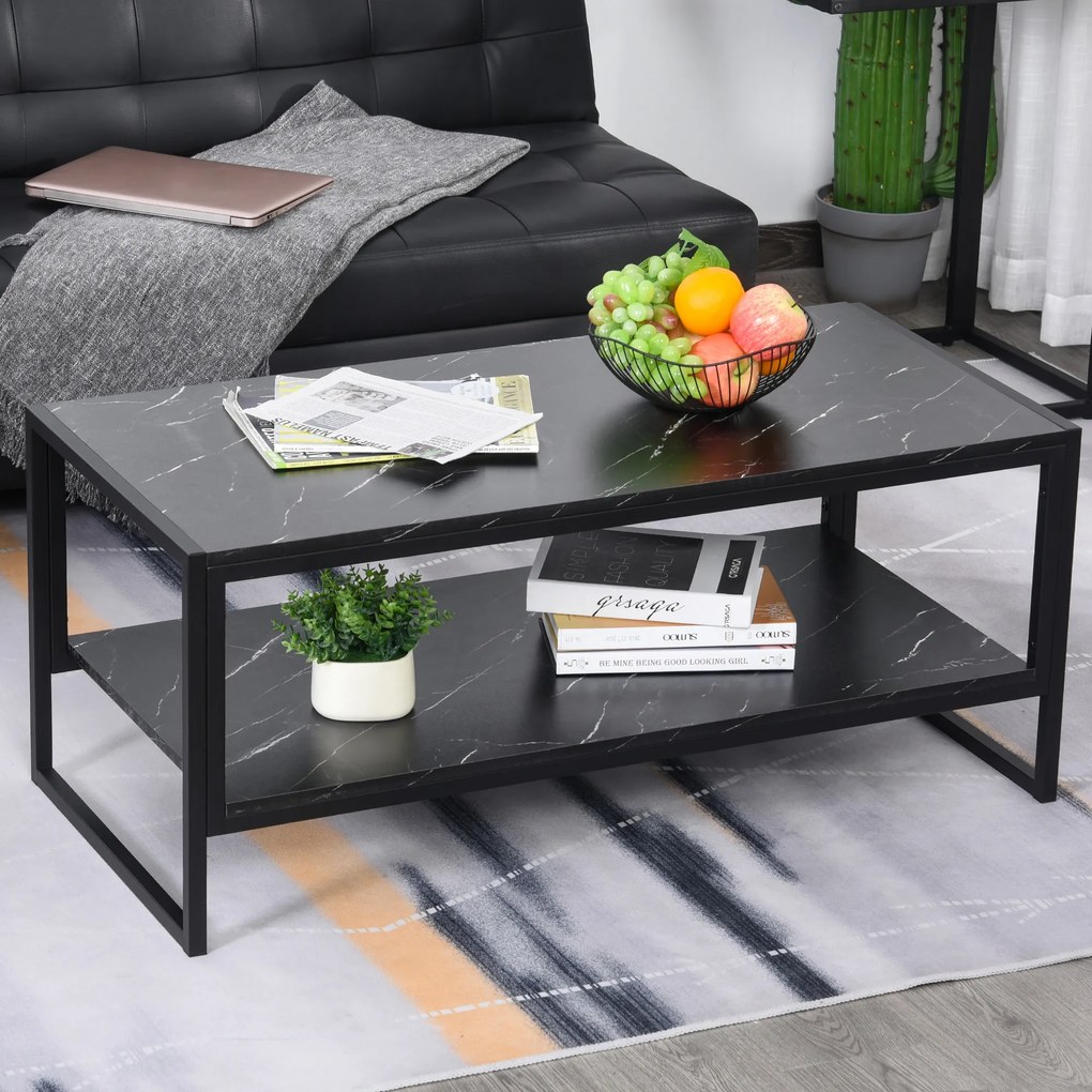 Mesa de centro de estilo moderno com 2 prateleiras 106 x 50 x 47 cm Preto