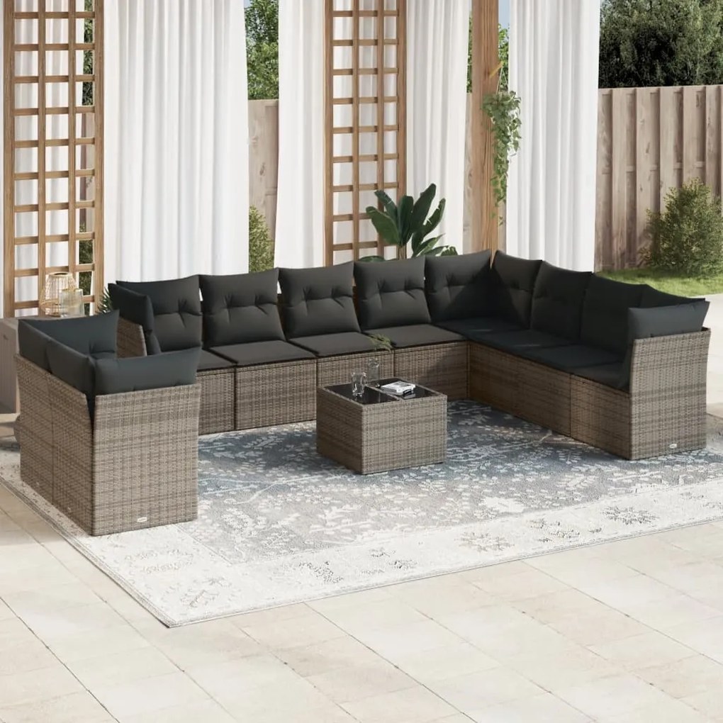 11 pcs conjunto sofás de jardim c/ almofadões vime PE cinzento