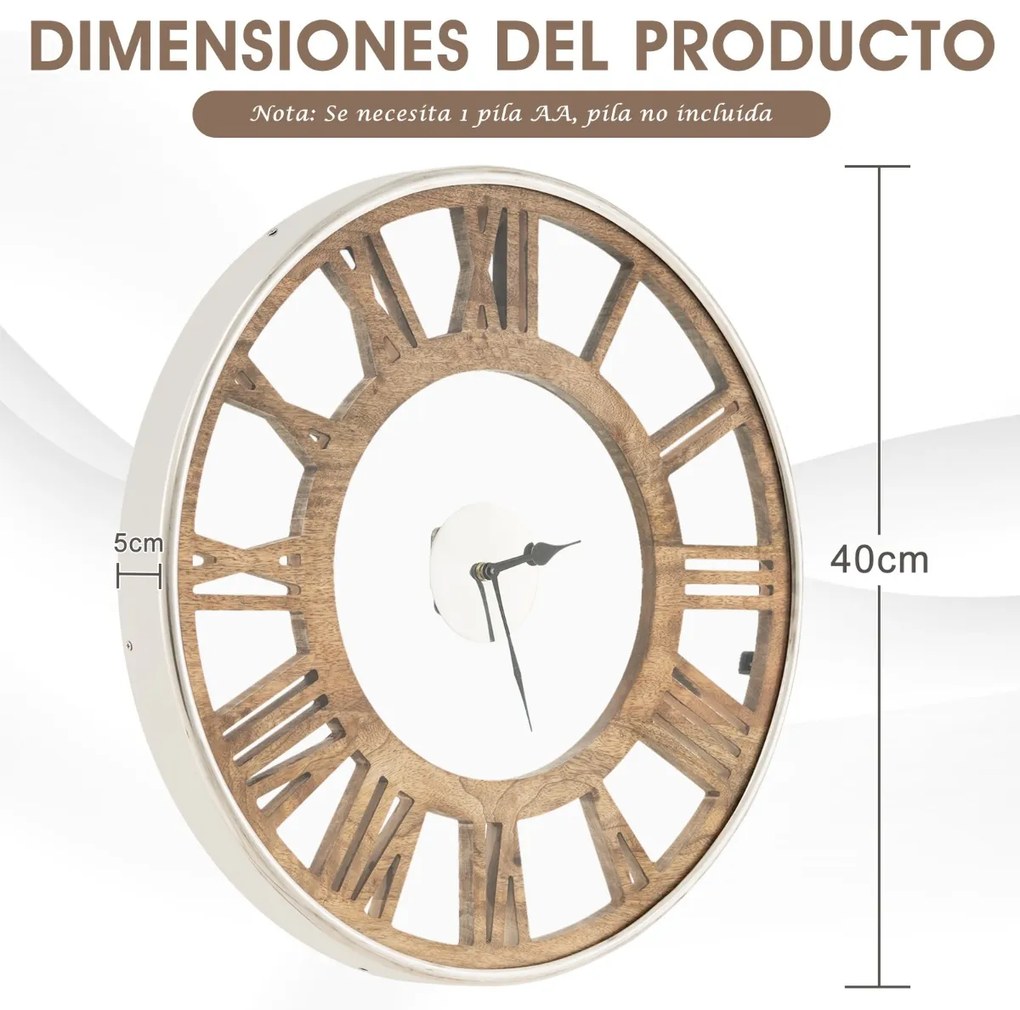 Relógio de parede decorativo moderno em madeira de 40 cm com estrutura clássica e tampa de vidro em algarismos romanos S