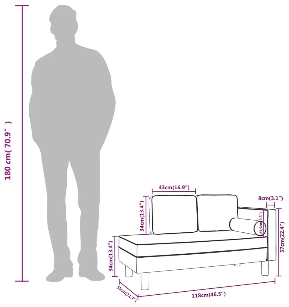 Chaise longue com almofadões e rolo veludo cinza-claro