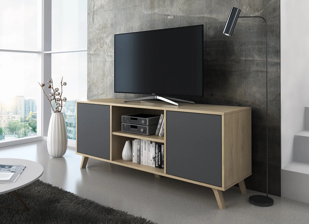 Móvel de TV 140 com 2 portas, sala de estar, modelo WIND, cor da estrutura Puccini, cor da porta Antracite Grey, medidas 140x40x57cm de altura