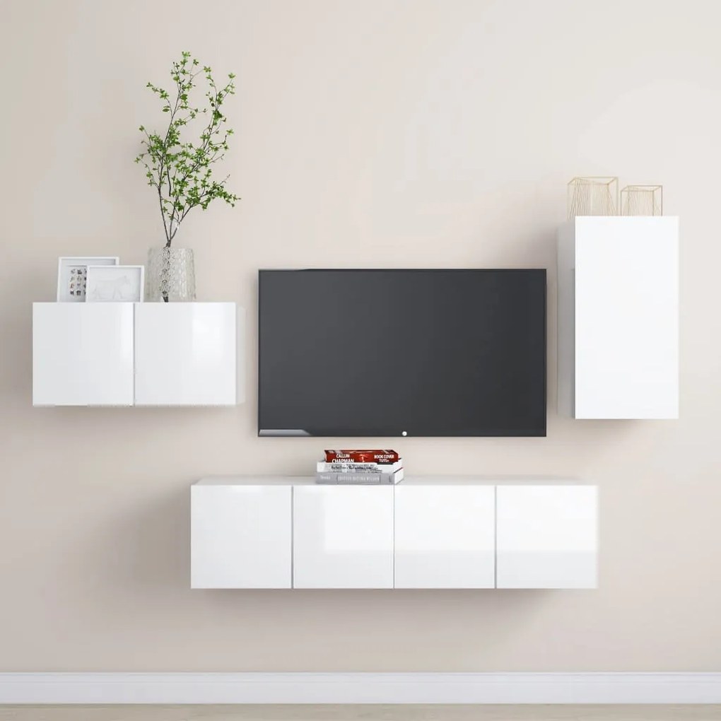 vidaXL 4 pcs conjunto de móveis de TV contraplacado branco brilhante