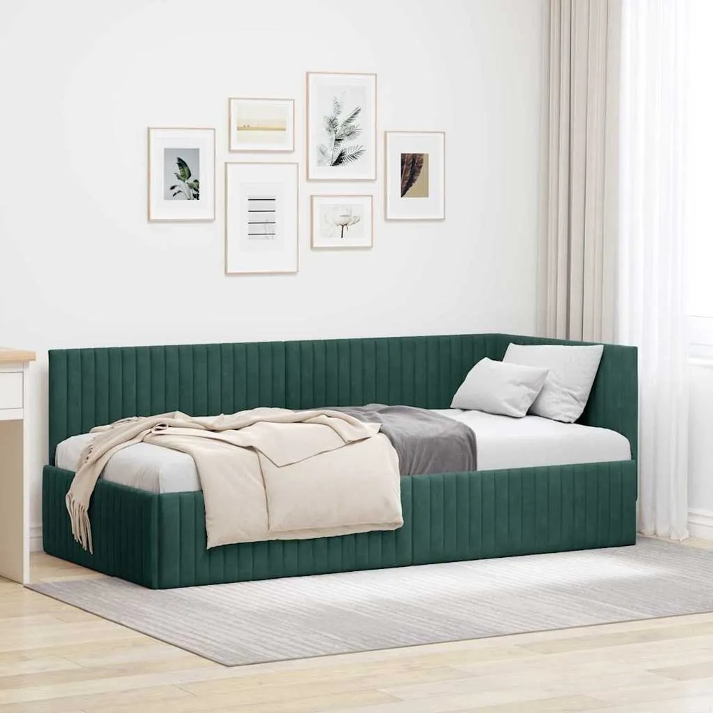 vidaXL Estrutura de Cama de Canto Verde Escuro 90 cm x 200 cm Veludo