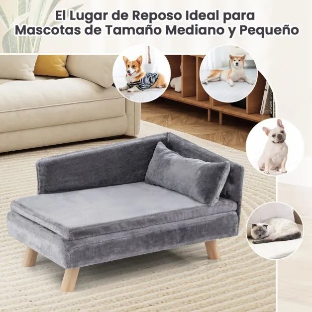 Cama elevada para animais de estimação 81 x 51 x 47 cm  com almofada e travesseiro removíveis, pernas de madeira e encosto alto Cinza