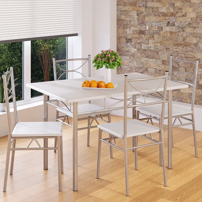 Conjunto jantar com mesa e 4 cadeiras Paul 5 peças em Branco aveludado