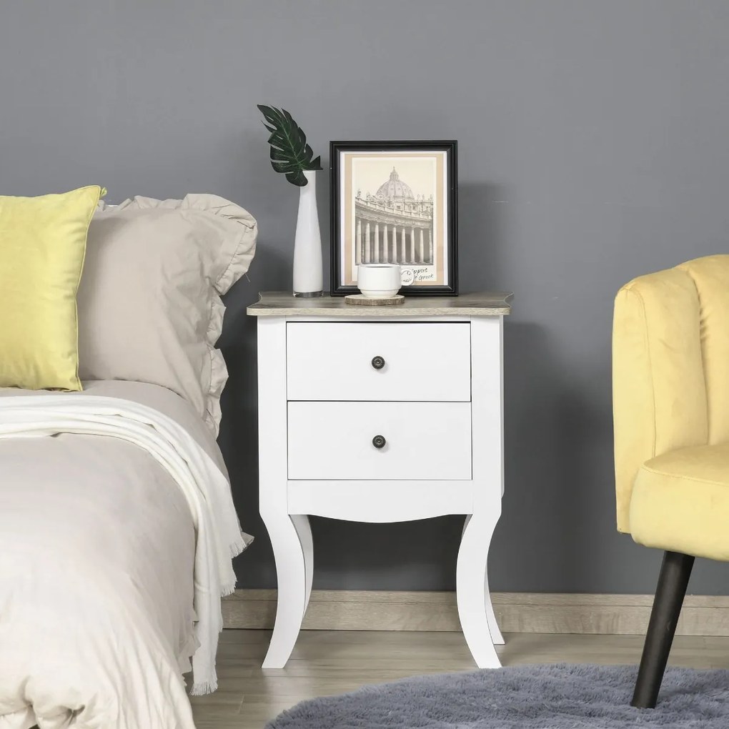 HOMCOM Mesa de cabeceira com 2 gavetas de armazenamento Base elevada para sala de estar Quarto estilo nórdico e vintage 46,5x32x64,5 cm Branco